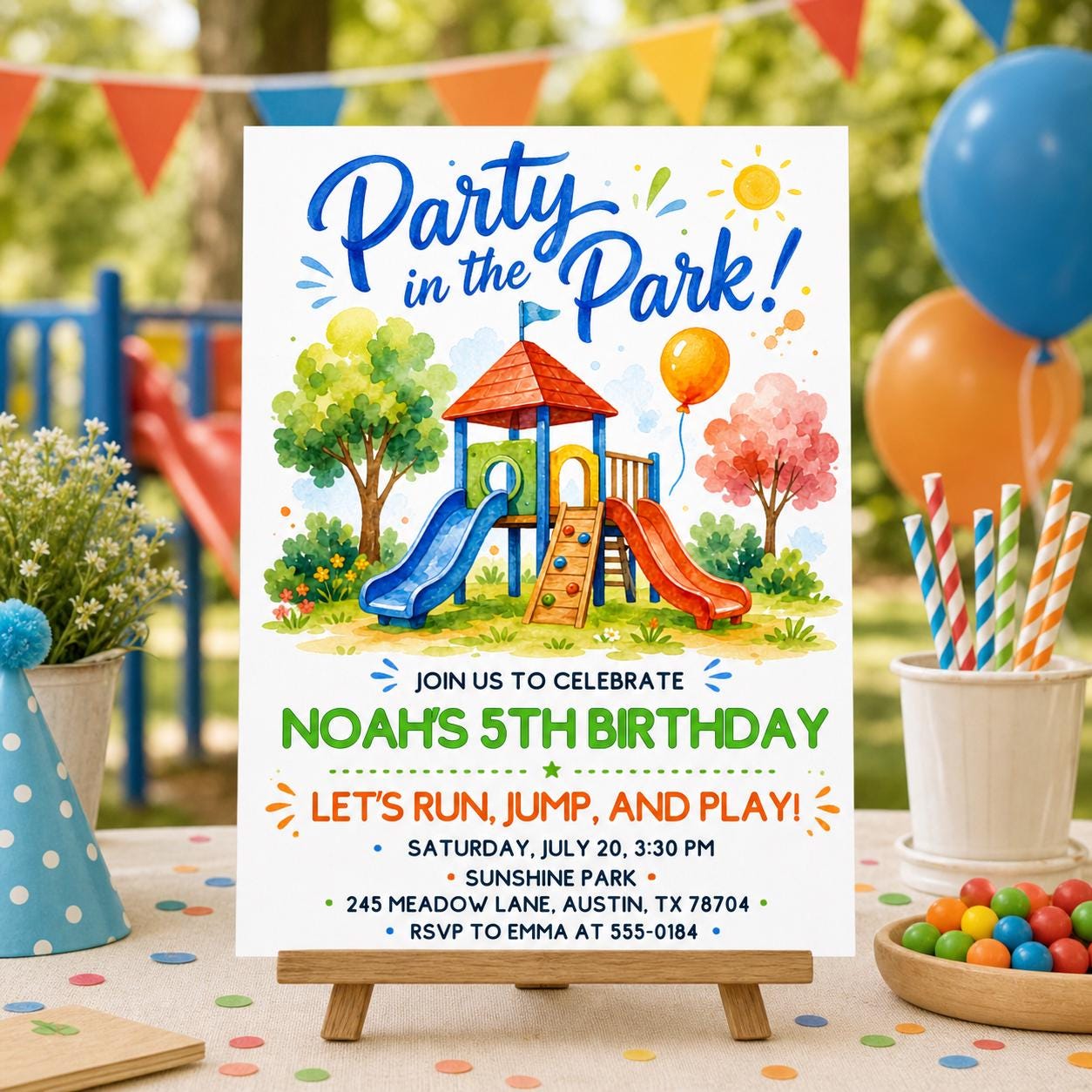 Playground Birthday Invitation, Party in the Park Outdoor Birthday Invite, Run Jump Slide Play, Playground Invite for Kids, Editable Canva __etsy:8032044223