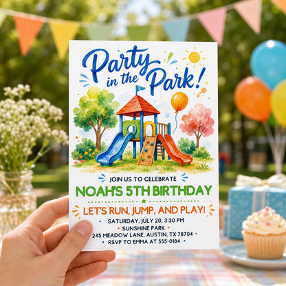 Playground Birthday Invitation, Party in the Park Outdoor Birthday Invite, Run Jump Slide Play, Playground Invite for Kids, Editable Canva __etsy:7984099570