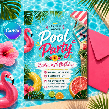 Pool Party Birthday Invitation Template, Whimsical Swim Party Invite, Pink Bow Coquette Summer Birthday, Summer Swim Party, Canva Template __etsy:8122149189