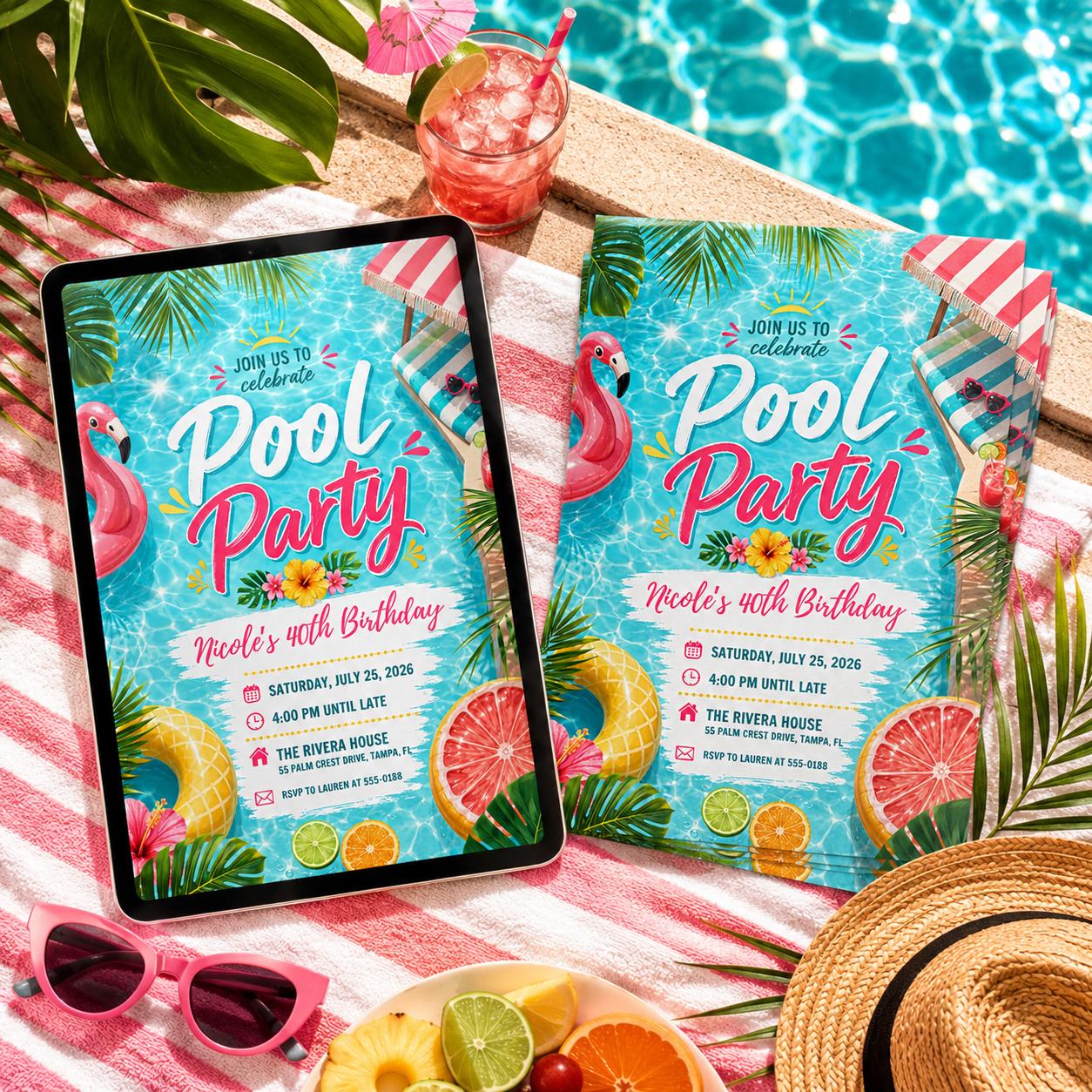Pool Party Birthday Invitation Template, Whimsical Swim Party Invite, Pink Bow Coquette Summer Birthday, Summer Swim Party, Canva Template __etsy:8122149253