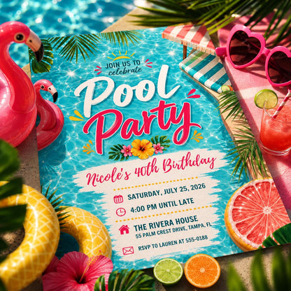 Pool Party Birthday Invitation Template, Whimsical Swim Party Invite, Pink Bow Coquette Summer Birthday, Summer Swim Party, Canva Template __etsy:8074231142