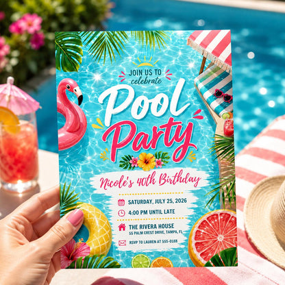 Pool Party Birthday Invitation Template, Whimsical Swim Party Invite, Pink Bow Coquette Summer Birthday, Summer Swim Party, Canva Template __etsy:8074231118