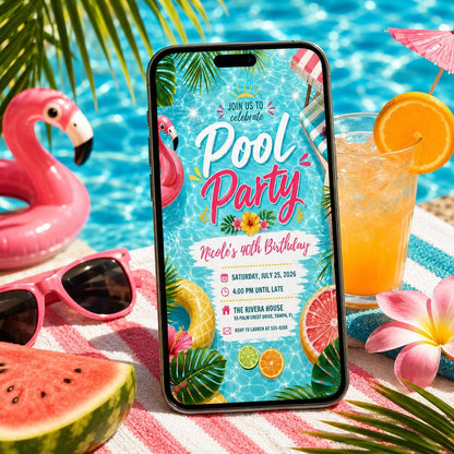 Pool Party Birthday Invitation Template, Whimsical Swim Party Invite, Pink Bow Coquette Summer Birthday, Summer Swim Party, Canva Template __etsy:8122149287