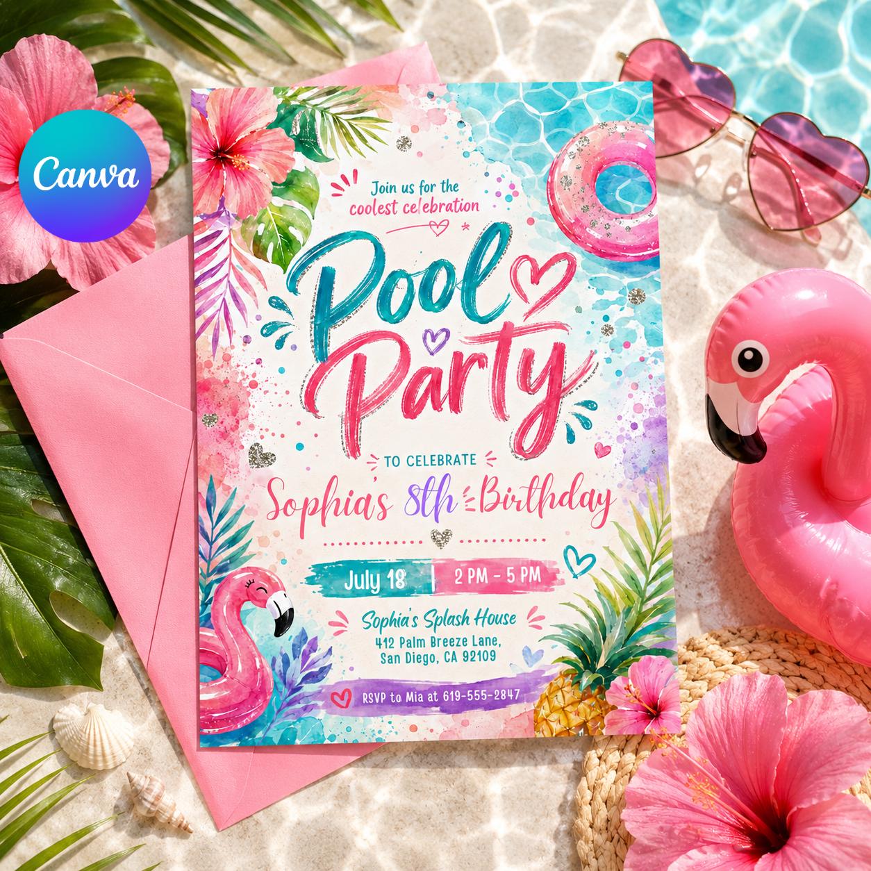 Pool Party Birthday Party Invitation Template, Hand Drawn Whimsical Swim Birthday Invite, Pink Bow Coquette Summer Birthday Pool Celebration __etsy:8048708685