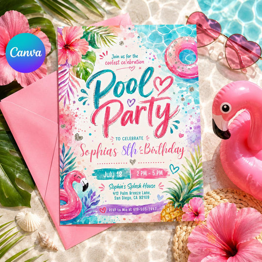 Pool Party Birthday Party Invitation Template, Hand Drawn Whimsical Swim Birthday Invite, Pink Bow Coquette Summer Birthday Pool Celebration __etsy:8048708685