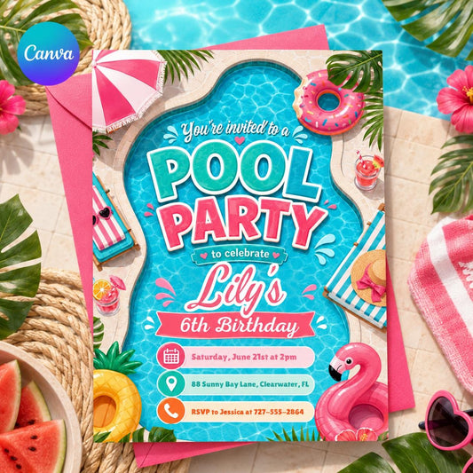 Pool Party Birthday Party Invitation Template, Hand Drawn Whimsical Swim Birthday Invite, Pink Bow Coquette Summer Birthday Pool Celebration __etsy:8088343585