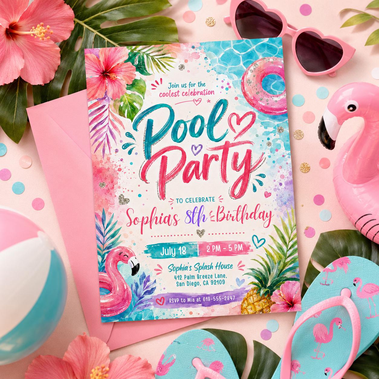 Pool Party Birthday Party Invitation Template, Hand Drawn Whimsical Swim Birthday Invite, Pink Bow Coquette Summer Birthday Pool Celebration __etsy:7999374958