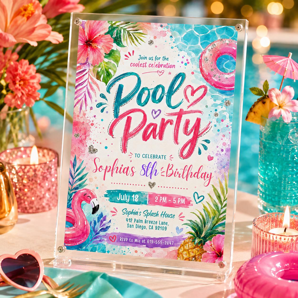 Pool Party Birthday Party Invitation Template, Hand Drawn Whimsical Swim Birthday Invite, Pink Bow Coquette Summer Birthday Pool Celebration __etsy:8047307583