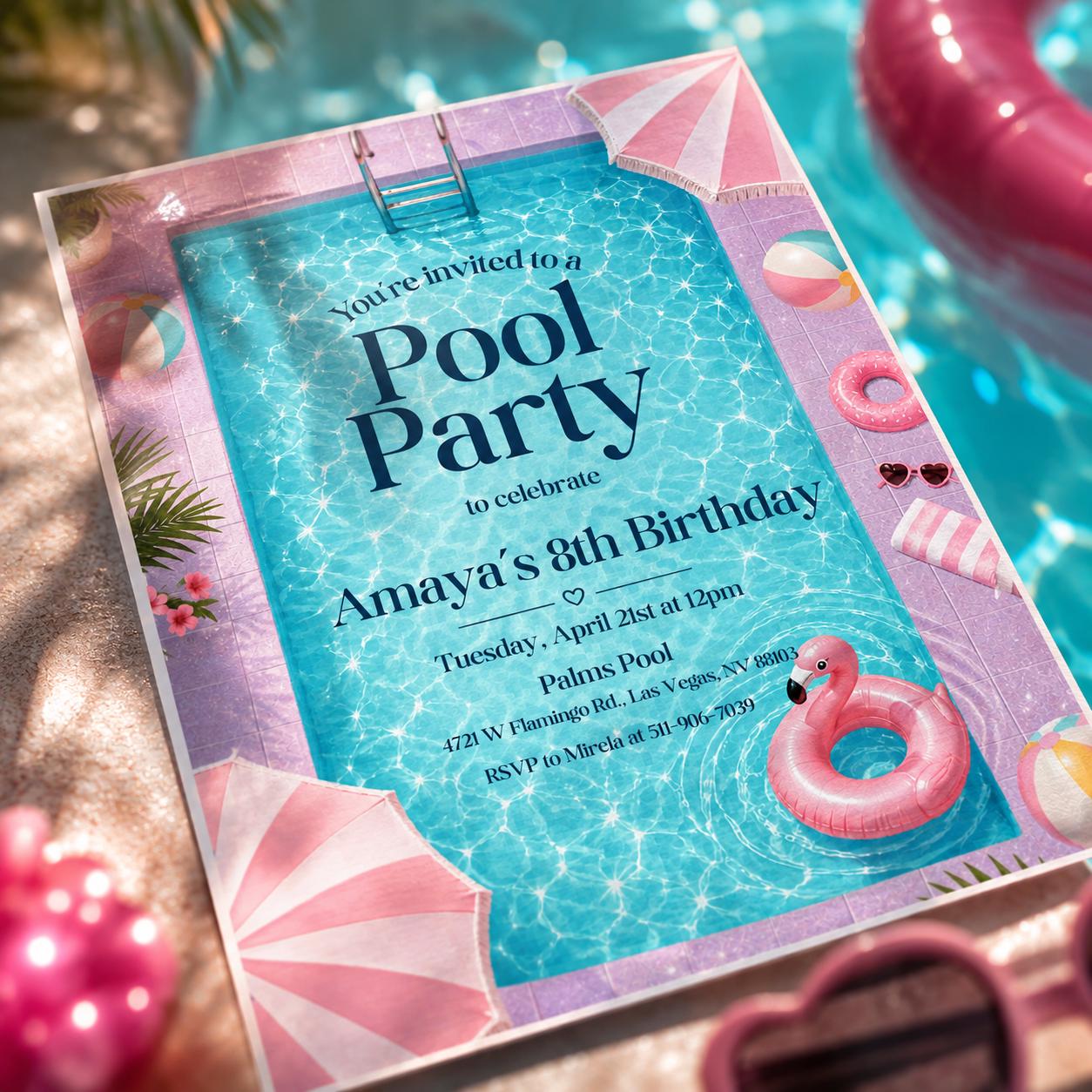 Pool Party Birthday Party Invitation Template, Hand Drawn Whimsical Swim Birthday Invite, Pink Bow Coquette Summer Birthday Pool Celebration __etsy:8036994584