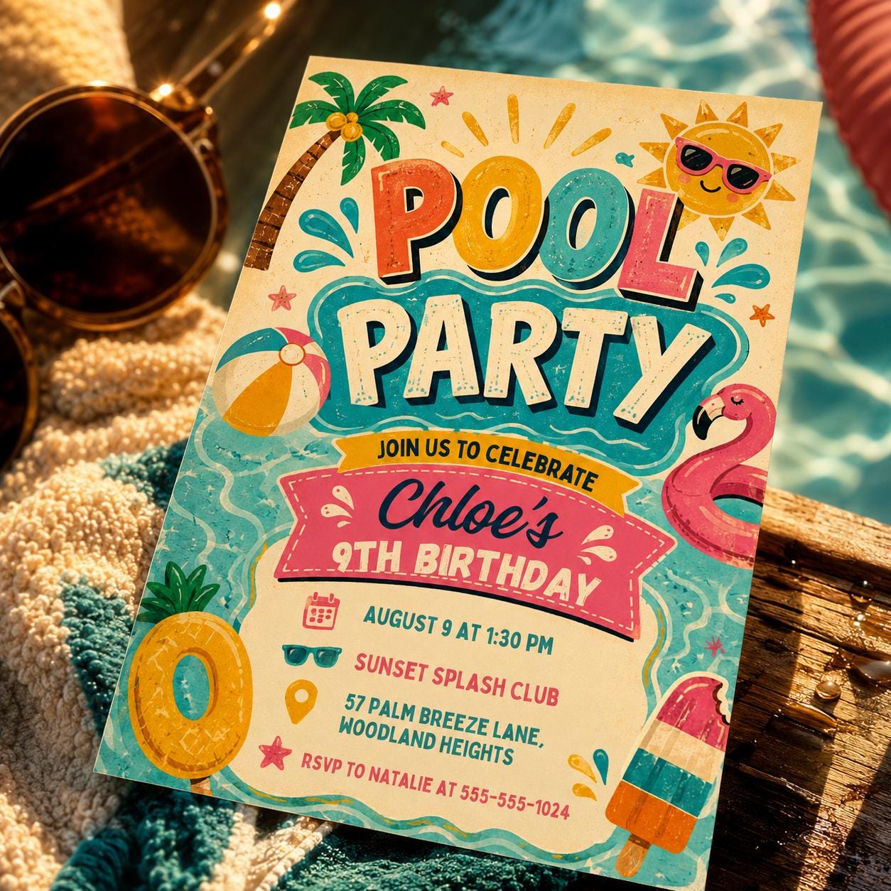 Pool Party Birthday Party Invitation Template, Hand Drawn Whimsical Swim Birthday Invite, Pink Bow Coquette Summer Birthday Pool Celebration __etsy:8059278538