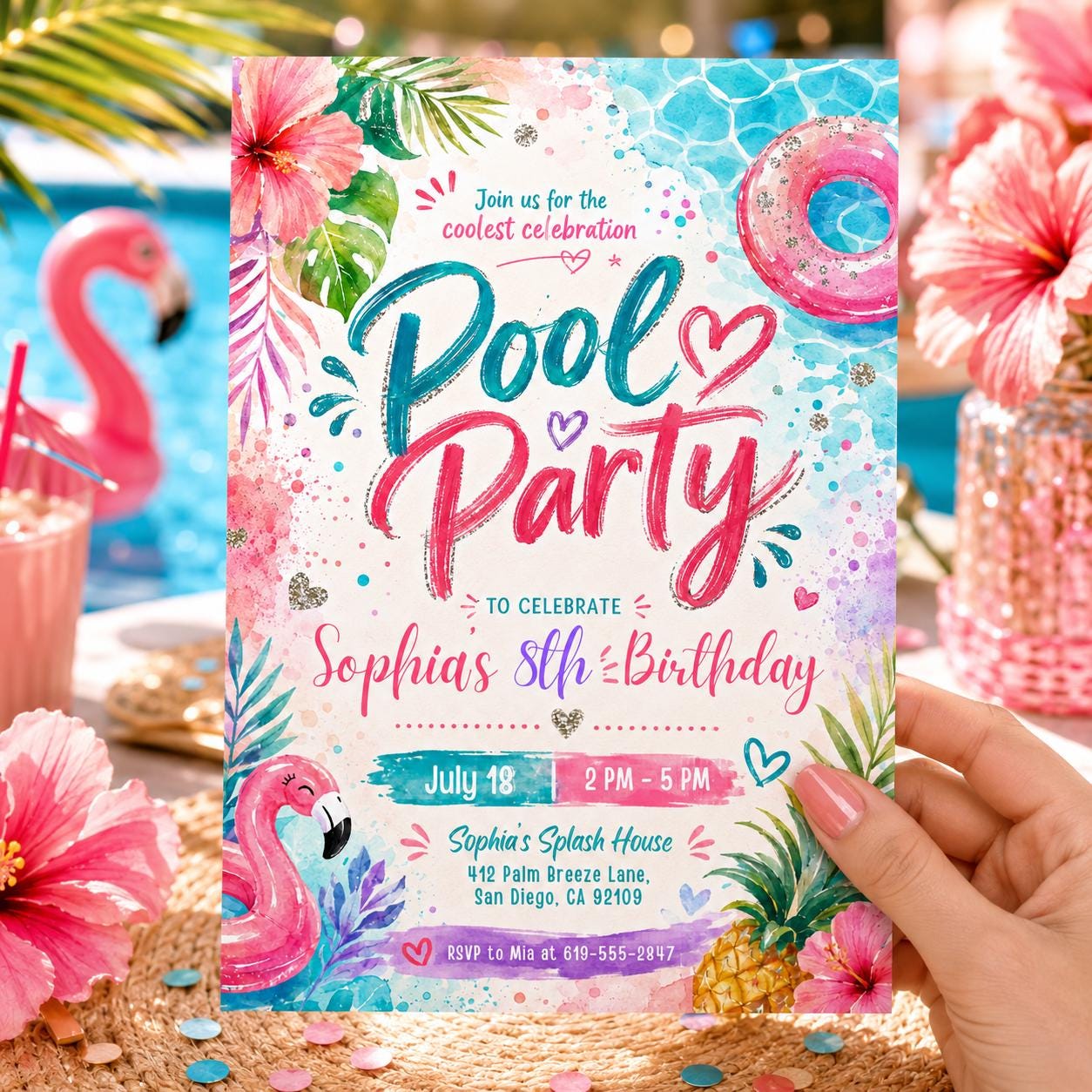 Pool Party Birthday Party Invitation Template, Hand Drawn Whimsical Swim Birthday Invite, Pink Bow Coquette Summer Birthday Pool Celebration __etsy:8047307587