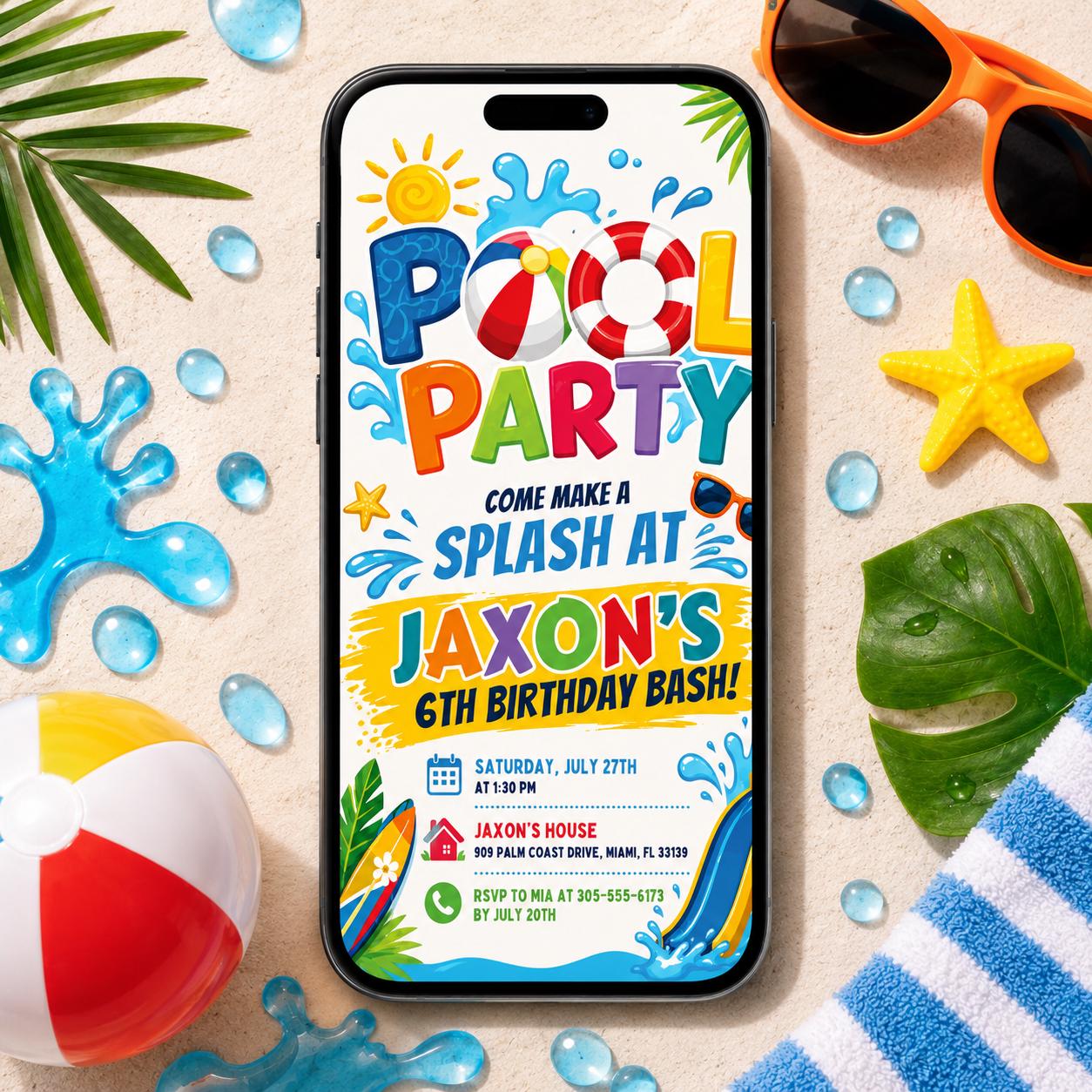 Pool Party Birthday Party Invitation Template, Hand Drawn Whimsical Swim Birthday Invite, Pink Bow Coquette Summer Birthday Pool Celebration __etsy:8024308240