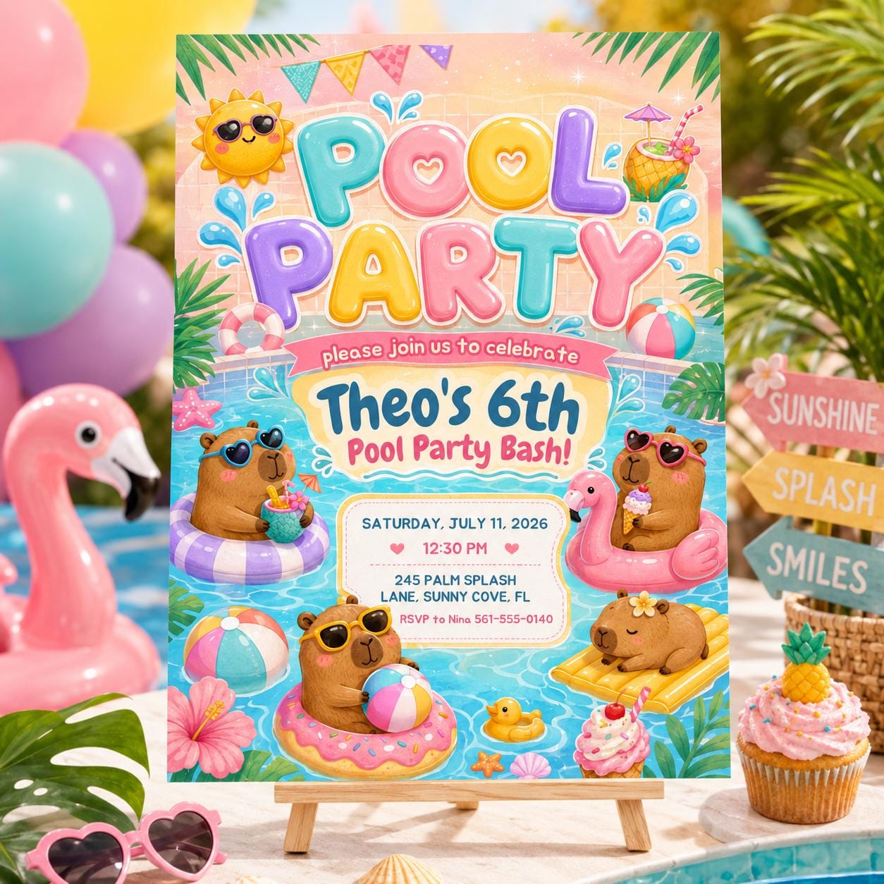 Pool Party Birthday Party Invitation Template, Hand Drawn Whimsical Swim Birthday Invite, Pink Bow Coquette Summer Birthday Pool Celebration __etsy:8056582905