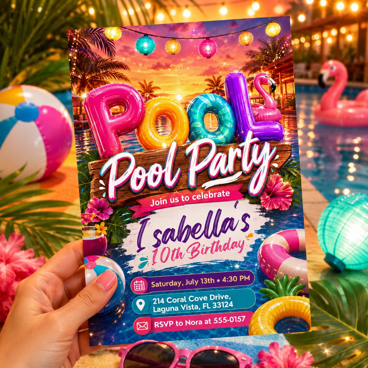 Pool Party Birthday Party Invitation Template, Hand Drawn Whimsical Swim Birthday Invite, Pink Bow Coquette Summer Birthday Pool Celebration __etsy:8111739011