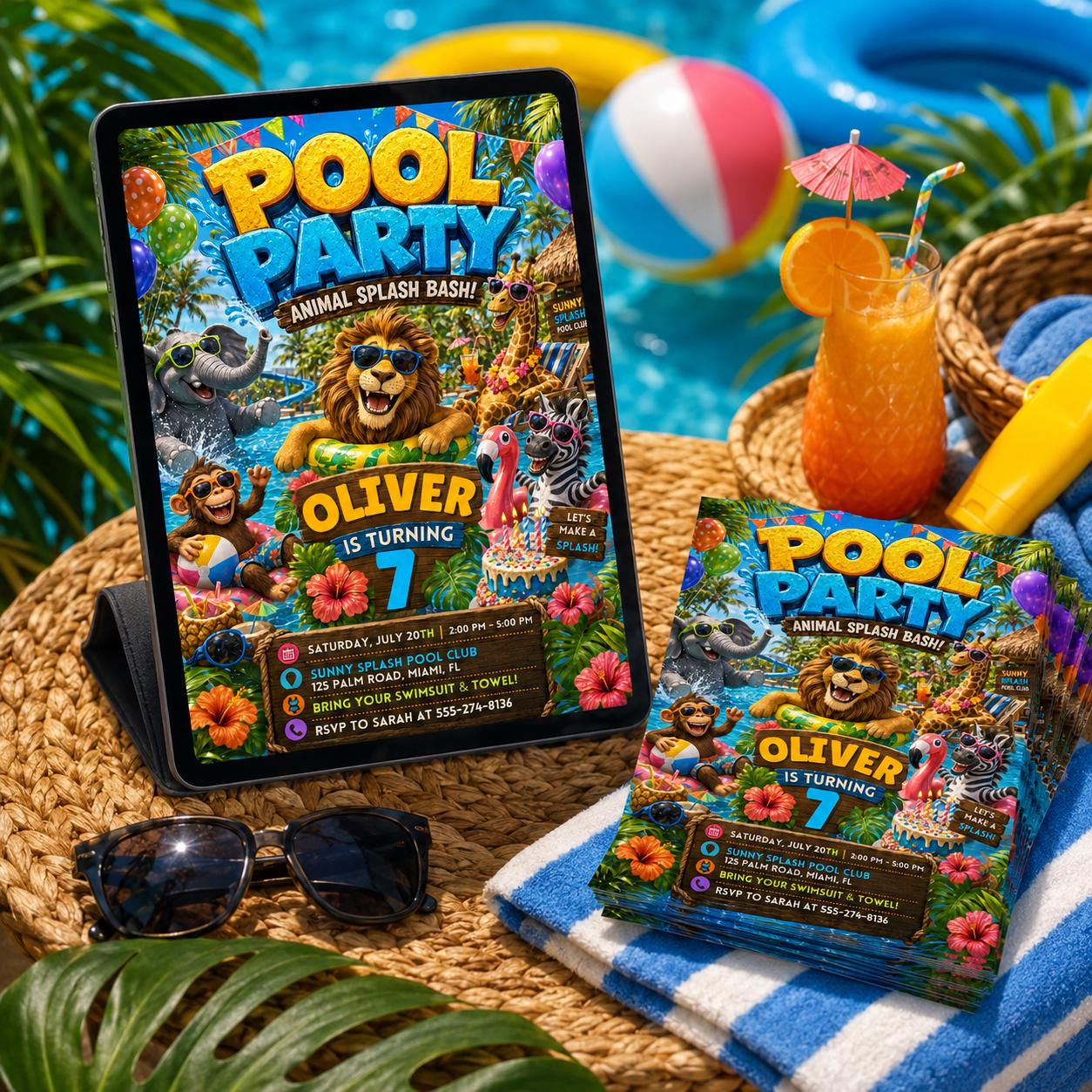 Pool Party Invitation, Animal Splash Bash, Safari Calling All Party Animals Birthday Invitation: Editable Zoo Party Invite, Canva Template __etsy:8056269232