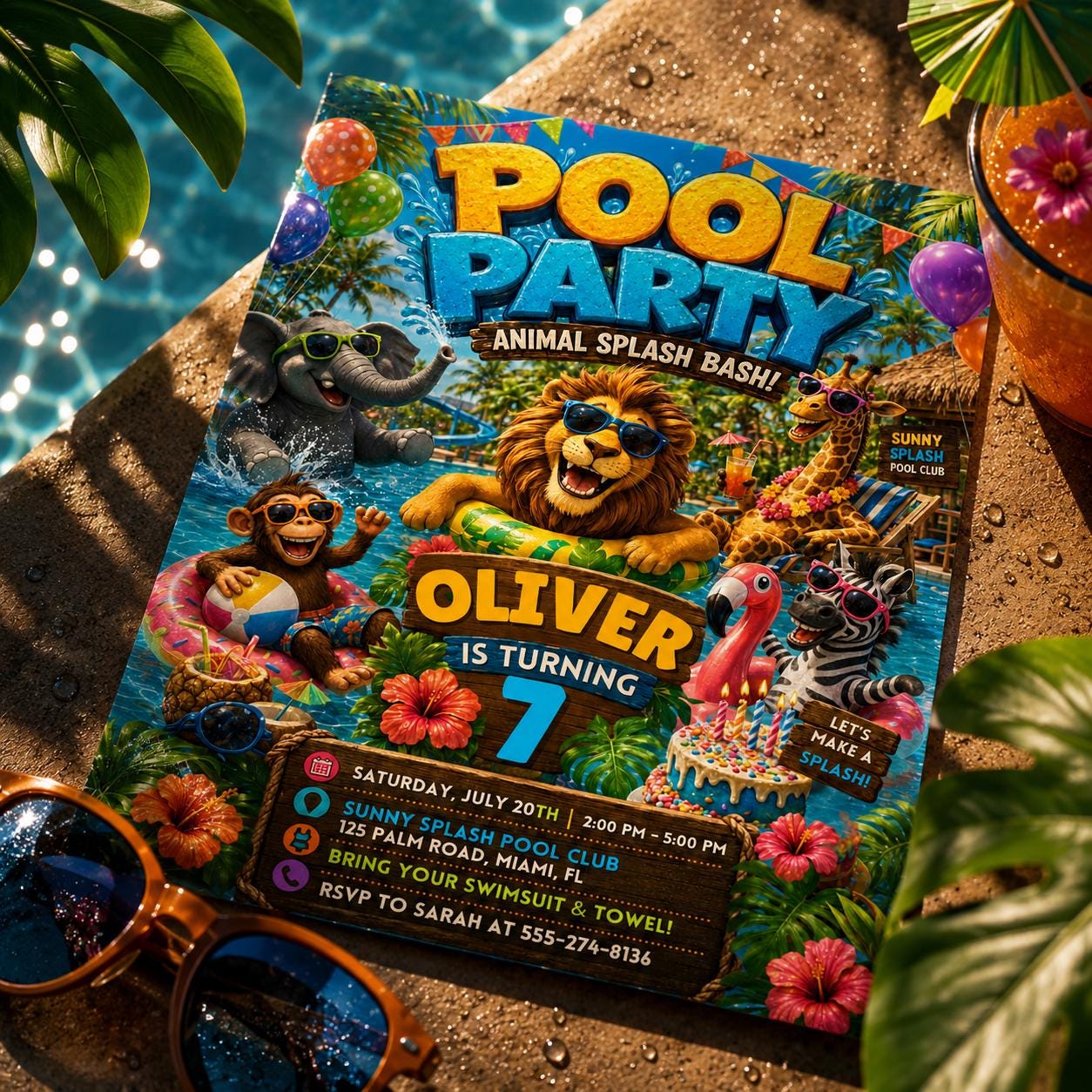 Pool Party Invitation, Animal Splash Bash, Safari Calling All Party Animals Birthday Invitation: Editable Zoo Party Invite, Canva Template __etsy:8056269238