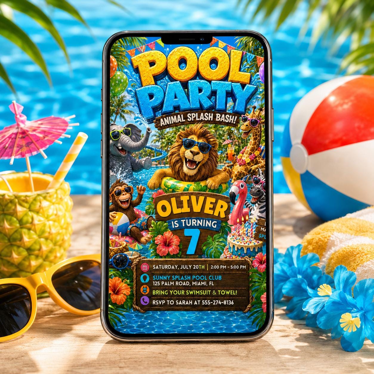 Pool Party Invitation, Animal Splash Bash, Safari Calling All Party Animals Birthday Invitation: Editable Zoo Party Invite, Canva Template __etsy:8056269244