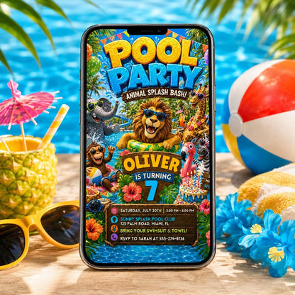 Pool Party Invitation, Animal Splash Bash, Safari Calling All Party Animals Birthday Invitation: Editable Zoo Party Invite, Canva Template __etsy:8056269244