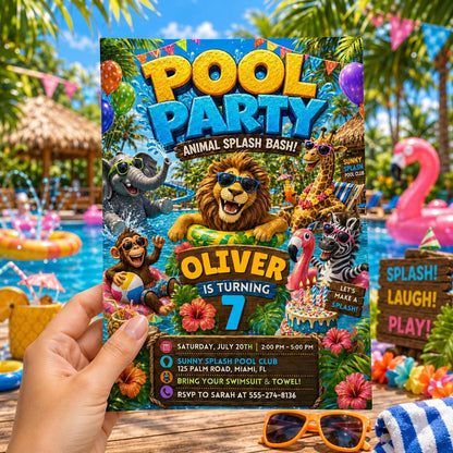 Pool Party Invitation, Animal Splash Bash, Safari Calling All Party Animals Birthday Invitation: Editable Zoo Party Invite, Canva Template __etsy:8104181383