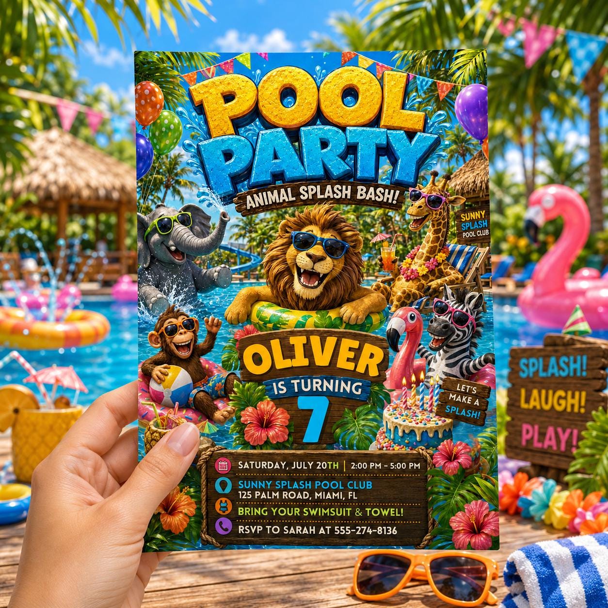 Pool Party Invitation, Animal Splash Bash, Safari Calling All Party Animals Birthday Invitation: Editable Zoo Party Invite, Canva Template __etsy:8104181383