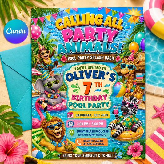 Pool Party Invitation, Kids Summer Birthday Invite, Editable Canva Template, Animal Pool Party, Pool Party Birthday Party Invitation Templat __etsy:8057262962