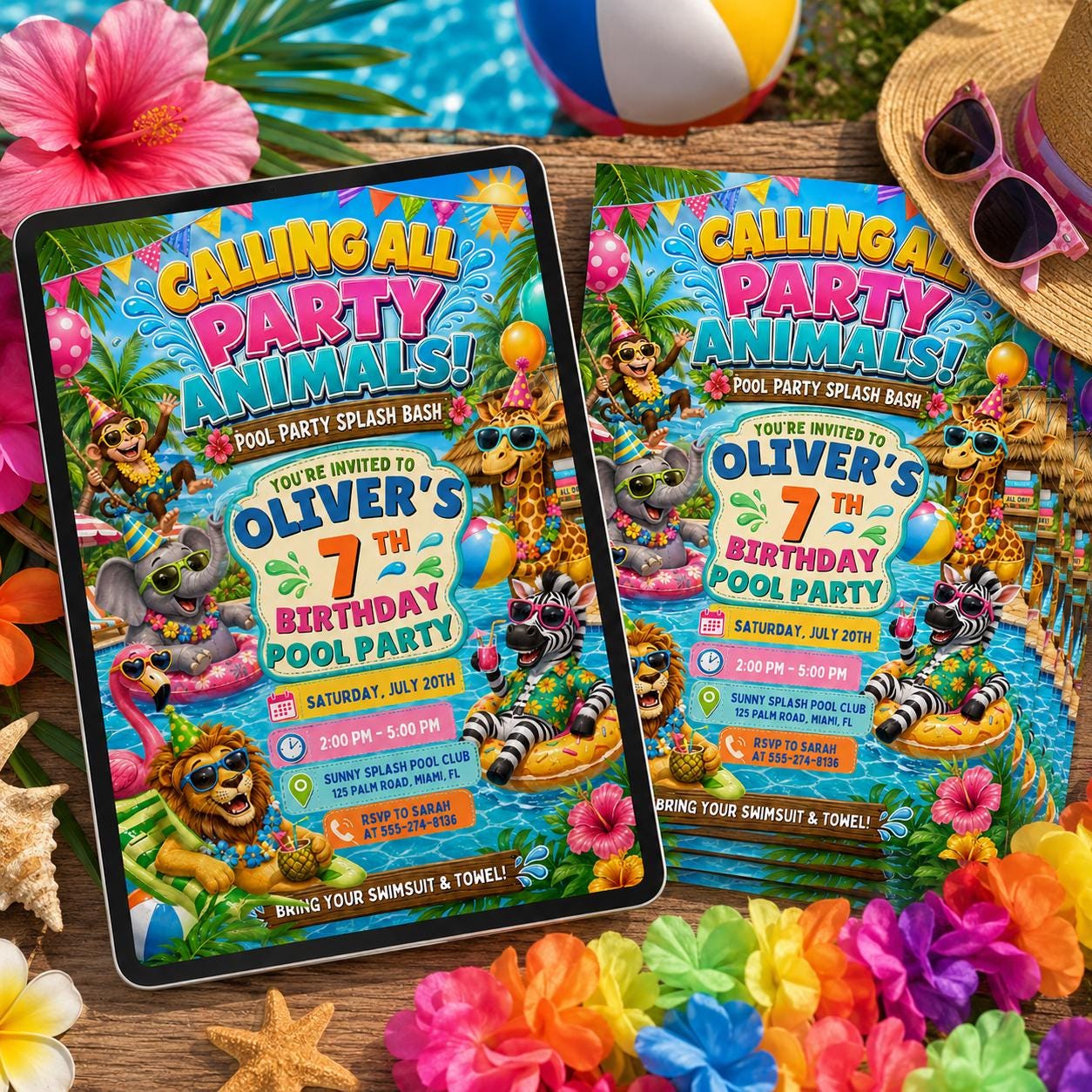 Pool Party Invitation, Kids Summer Birthday Invite, Editable Canva Template, Animal Pool Party, Pool Party Birthday Party Invitation Templat __etsy:8105173627