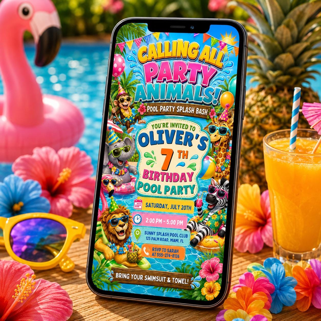 Pool Party Invitation, Kids Summer Birthday Invite, Editable Canva Template, Animal Pool Party, Pool Party Birthday Party Invitation Templat __etsy:8057262824