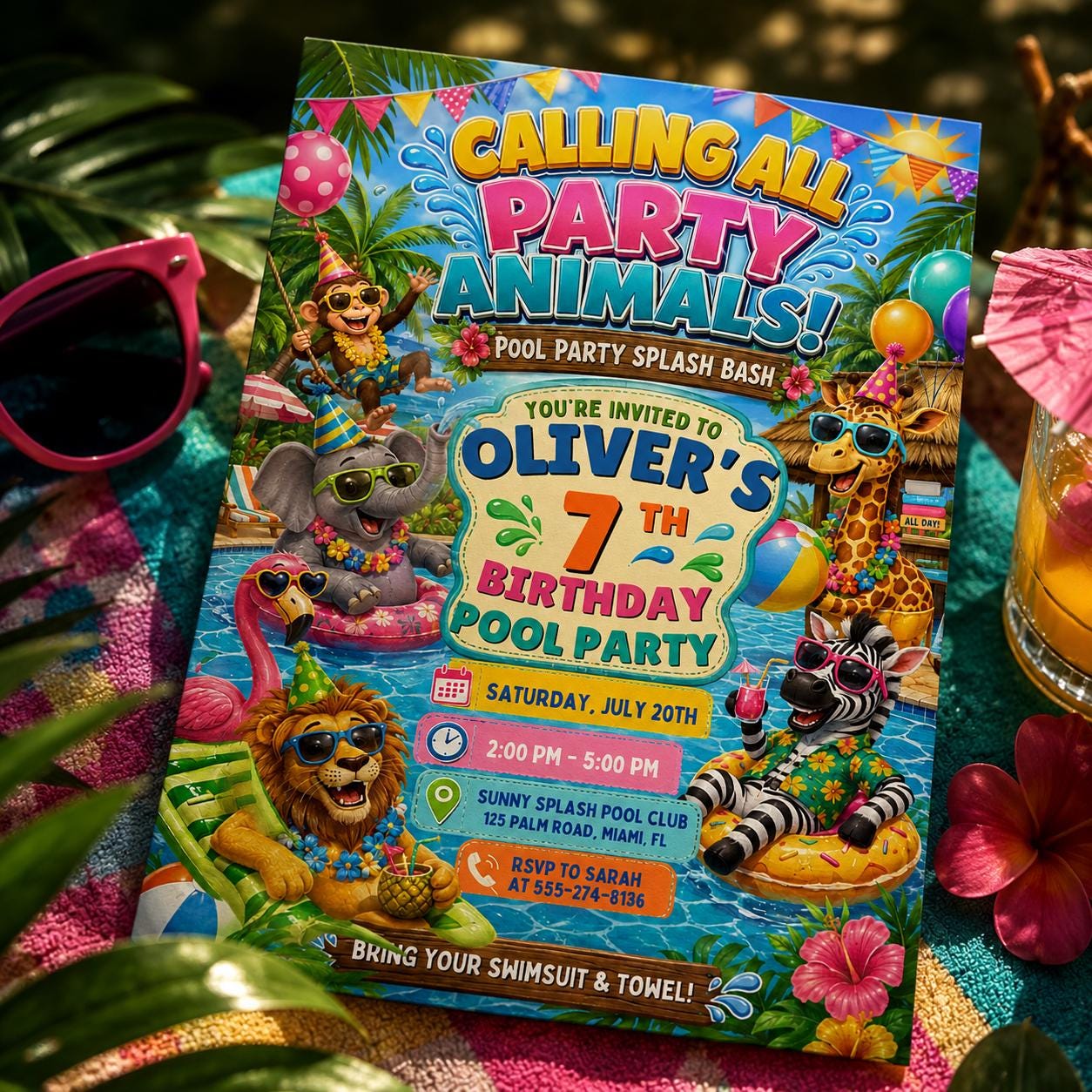Pool Party Invitation, Kids Summer Birthday Invite, Editable Canva Template, Animal Pool Party, Pool Party Birthday Party Invitation Templat __etsy:8057262966