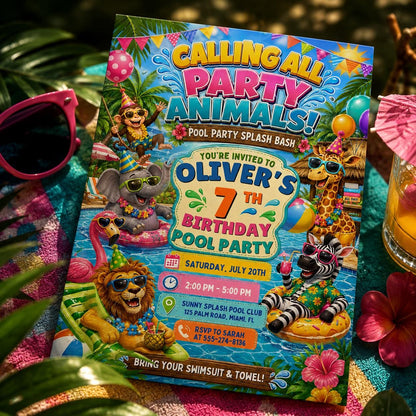 Pool Party Invitation, Kids Summer Birthday Invite, Editable Canva Template, Animal Pool Party, Pool Party Birthday Party Invitation Templat __etsy:8057262966