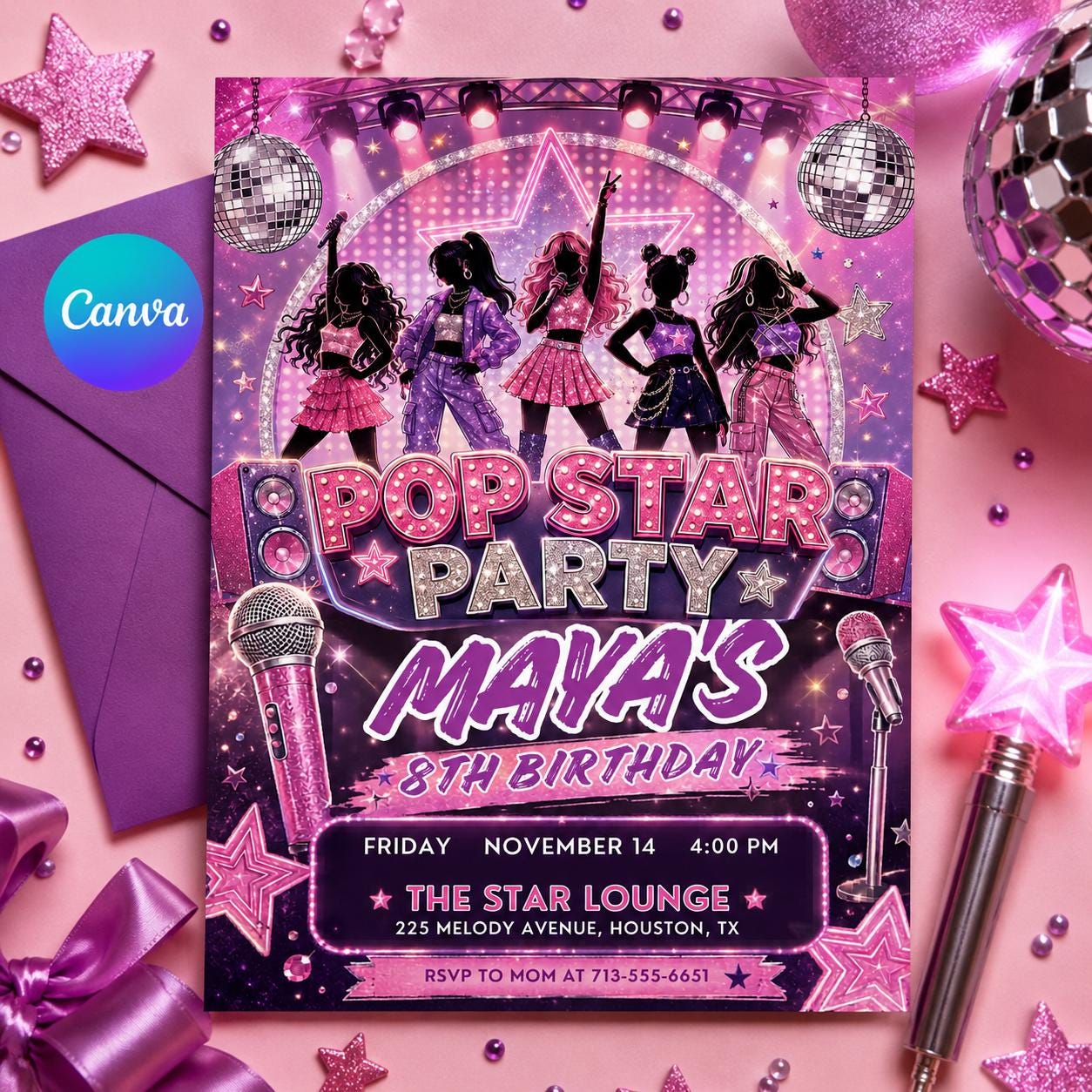 Pop Star Music Birthday Invitation, Pop Star Birthday Party, Neon Glow Party Like A Pop Star Girl Birthday Invite, Editable Canva Template __etsy:8084720415