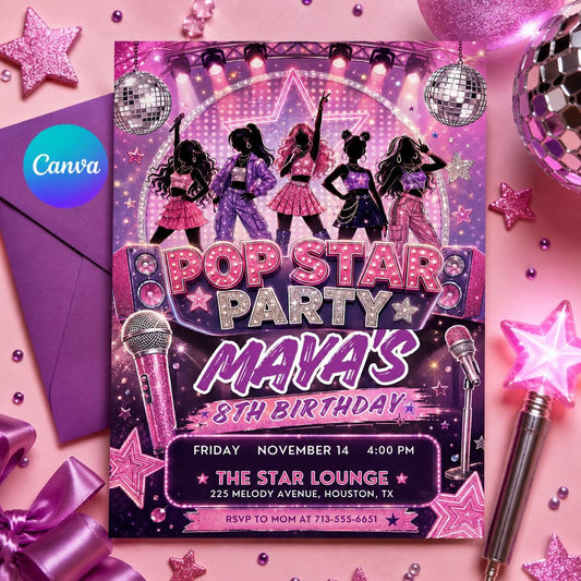 Pop Star Music Birthday Invitation, Pop Star Birthday Party, Neon Glow Party Like A Pop Star Girl Birthday Invite, Editable Canva Template __etsy:8084720415