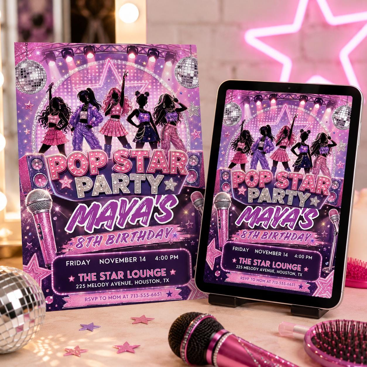Pop Star Music Birthday Invitation, Pop Star Birthday Party, Neon Glow Party Like A Pop Star Girl Birthday Invite, Editable Canva Template __etsy:8036805536
