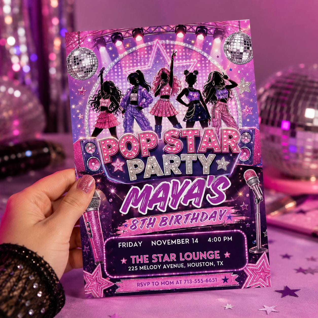 Pop Star Music Birthday Invitation, Pop Star Birthday Party, Neon Glow Party Like A Pop Star Girl Birthday Invite, Editable Canva Template __etsy:8036805538