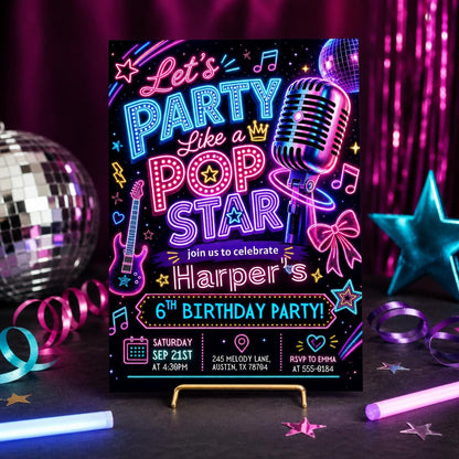 Pop Star Music Birthday Invitation, Pop Star Birthday Party, Neon Glow Party Like A Pop Star Girl Birthday Invite, Editable Canva Template __etsy:8032100251