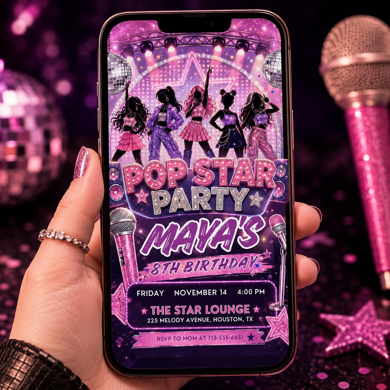 Pop Star Music Birthday Invitation, Pop Star Birthday Party, Neon Glow Party Like A Pop Star Girl Birthday Invite, Editable Canva Template __etsy:8036805528