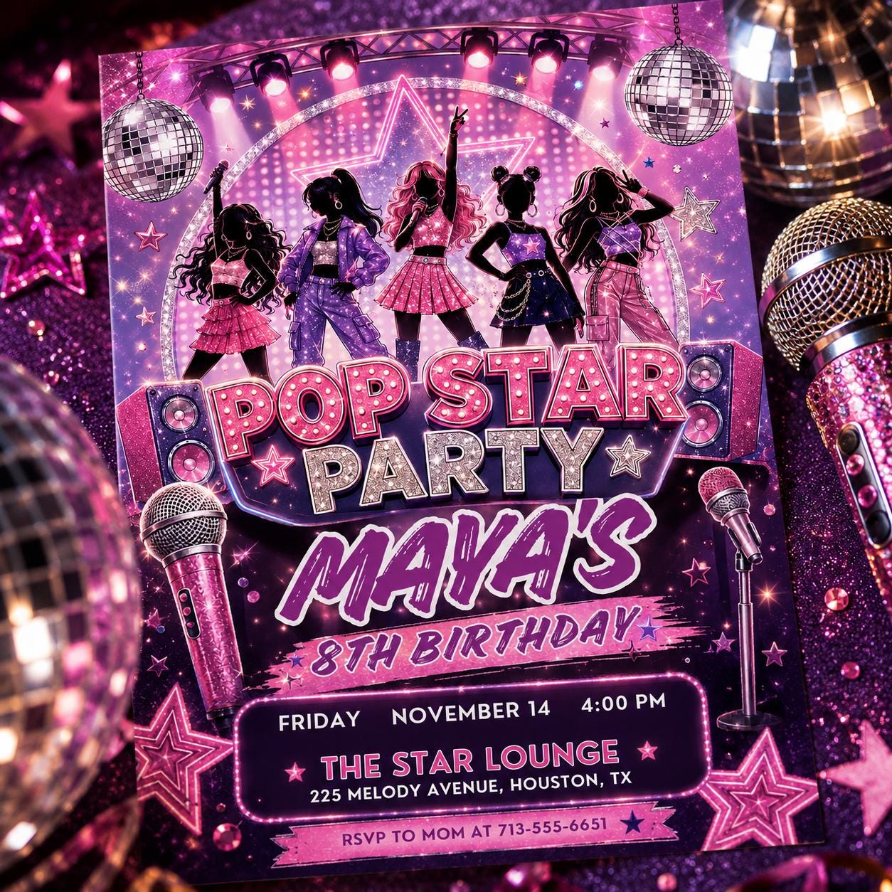 Pop Star Music Birthday Invitation, Pop Star Birthday Party, Neon Glow Party Like A Pop Star Girl Birthday Invite, Editable Canva Template __etsy:8084720419