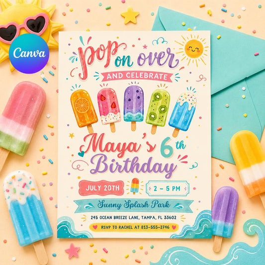 Pop on Over Birthday Invitation, popcorn Invitation, Editable Birthday invite, popcorn, popsicle, movie,  Popsicle Theme, Canva Template __etsy:8048748963