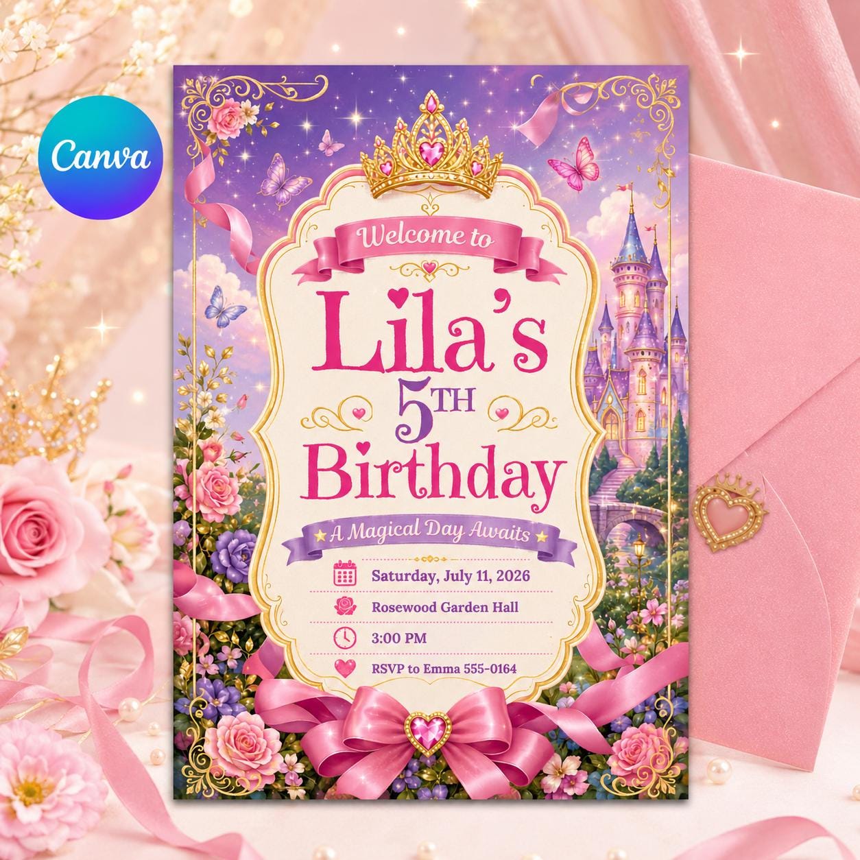 Princess Birthday Invitation Princess Birthday Template Princess Theme Party Princess Invite Princess Canva Template Royal Birthday Invite __etsy:8074234848