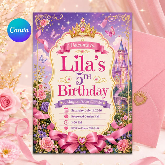 Princess Birthday Invitation Princess Birthday Template Princess Theme Party Princess Invite Princess Canva Template Royal Birthday Invite __etsy:8074234848