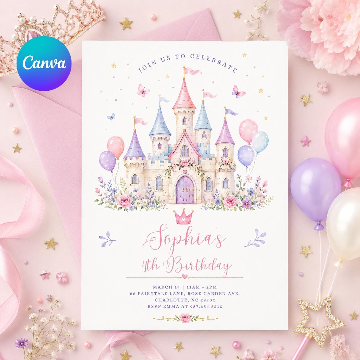 Princess Castle Invitation Girl, Pastel Birthday Party Card, Editable Canva Template, Kids Princess Theme, Magical Party Invite, Canva __etsy:8050273239