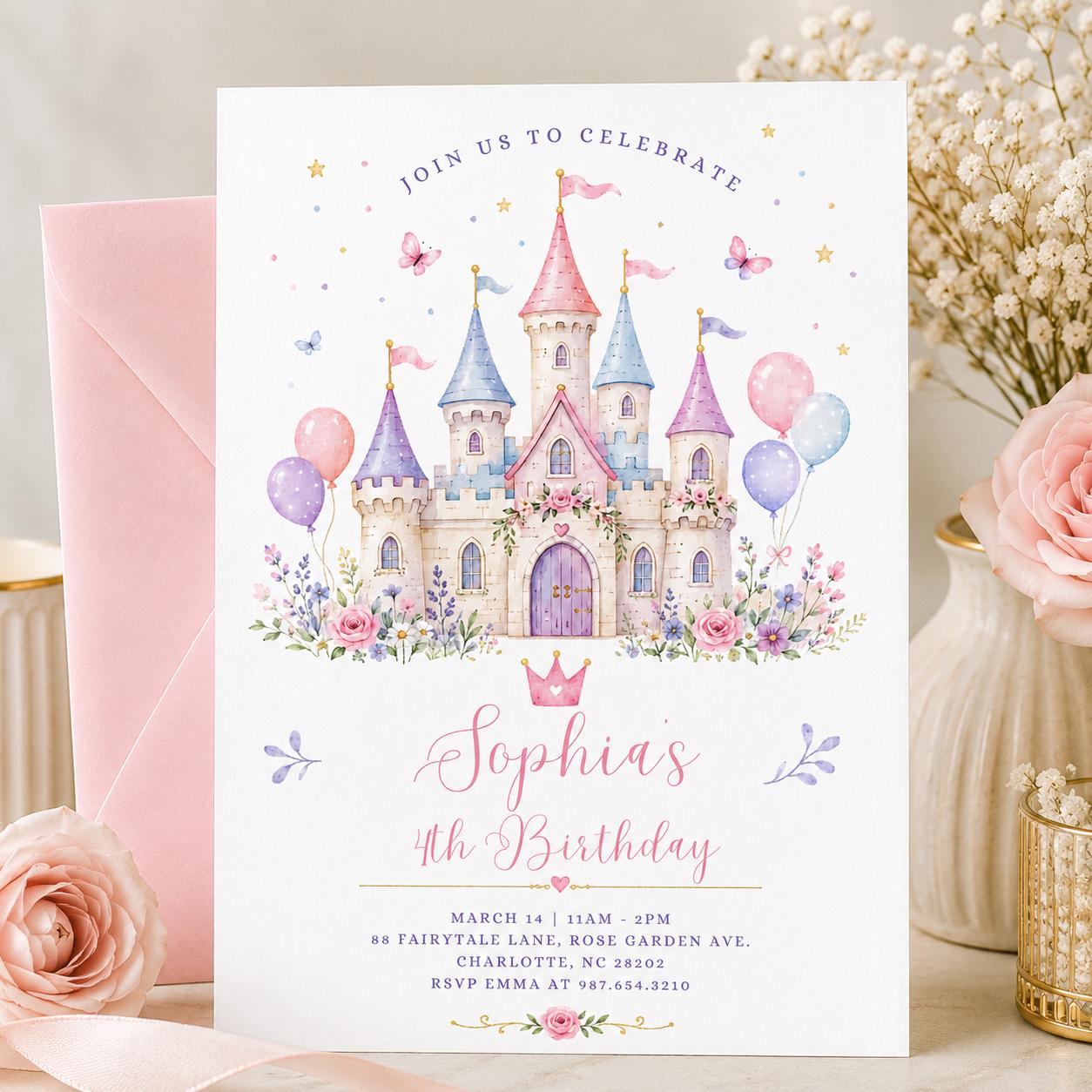 Princess Castle Invitation Girl, Pastel Birthday Party Card, Editable Canva Template, Kids Princess Theme, Magical Party Invite, Canva __etsy:8050270361