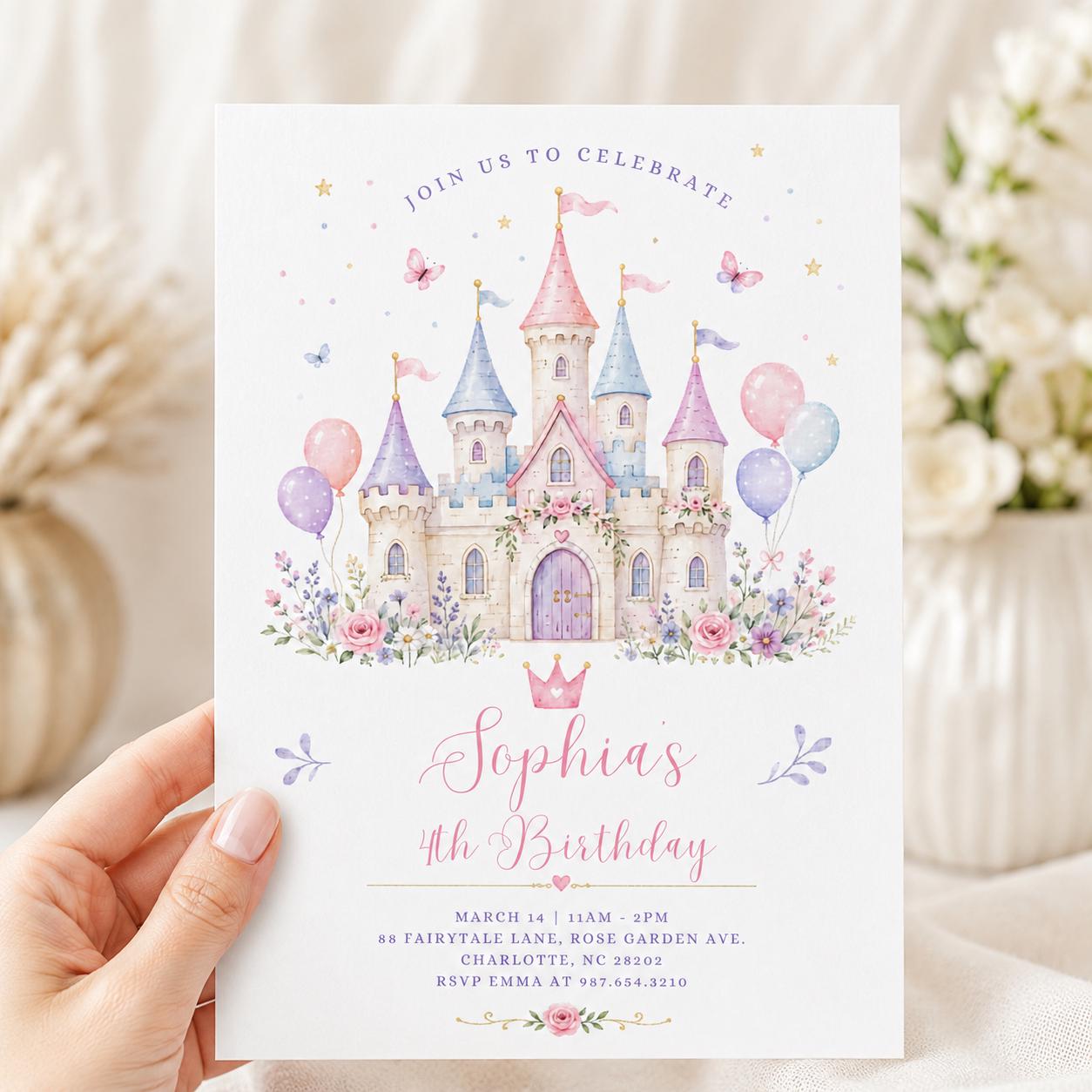 Princess Castle Invitation Girl, Pastel Birthday Party Card, Editable Canva Template, Kids Princess Theme, Magical Party Invite, Canva __etsy:8050270351