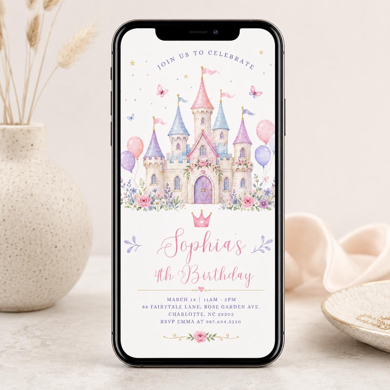 Princess Castle Invitation Girl, Pastel Birthday Party Card, Editable Canva Template, Kids Princess Theme, Magical Party Invite, Canva __etsy:8050270365