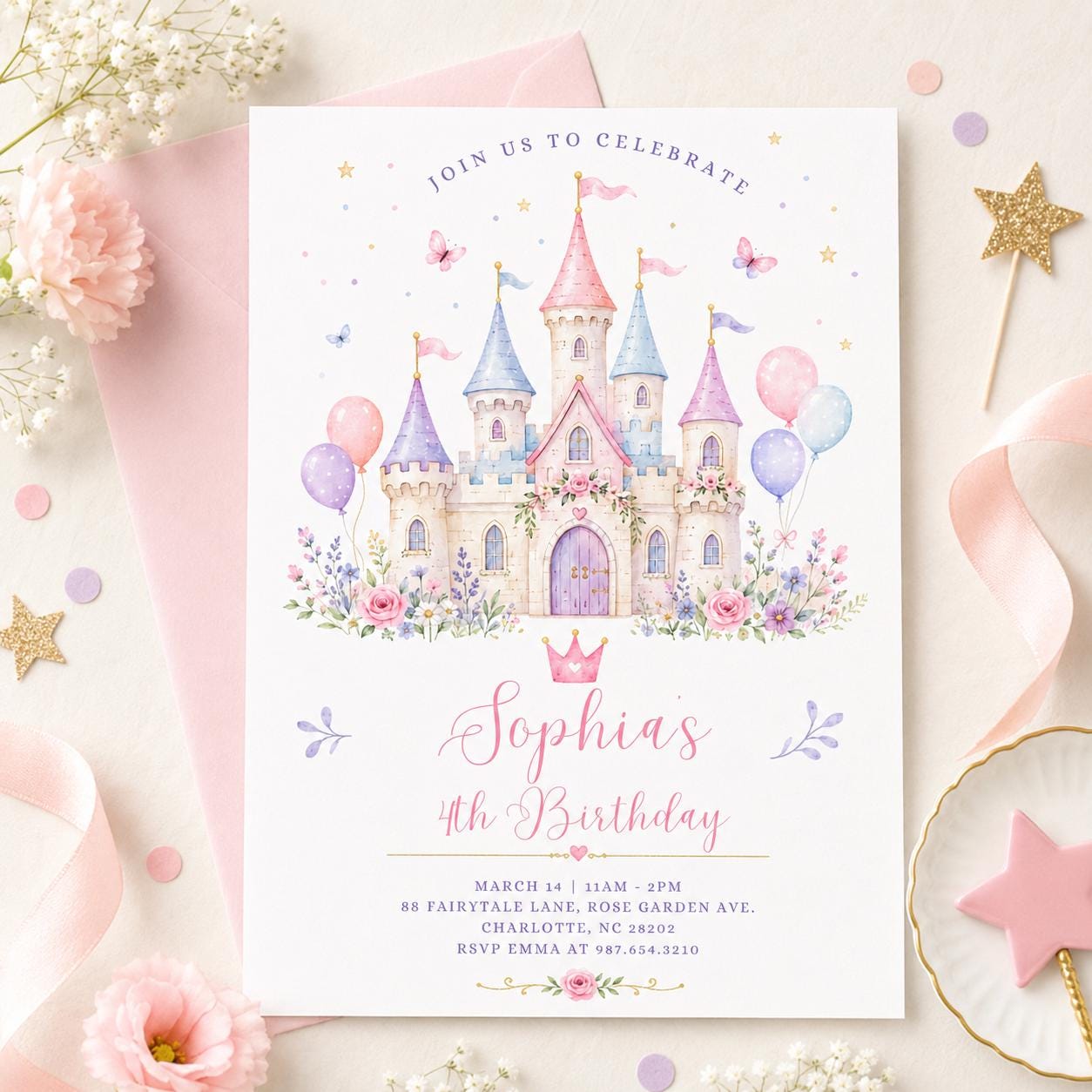 Princess Castle Invitation Girl, Pastel Birthday Party Card, Editable Canva Template, Kids Princess Theme, Magical Party Invite, Canva __etsy:8002343742