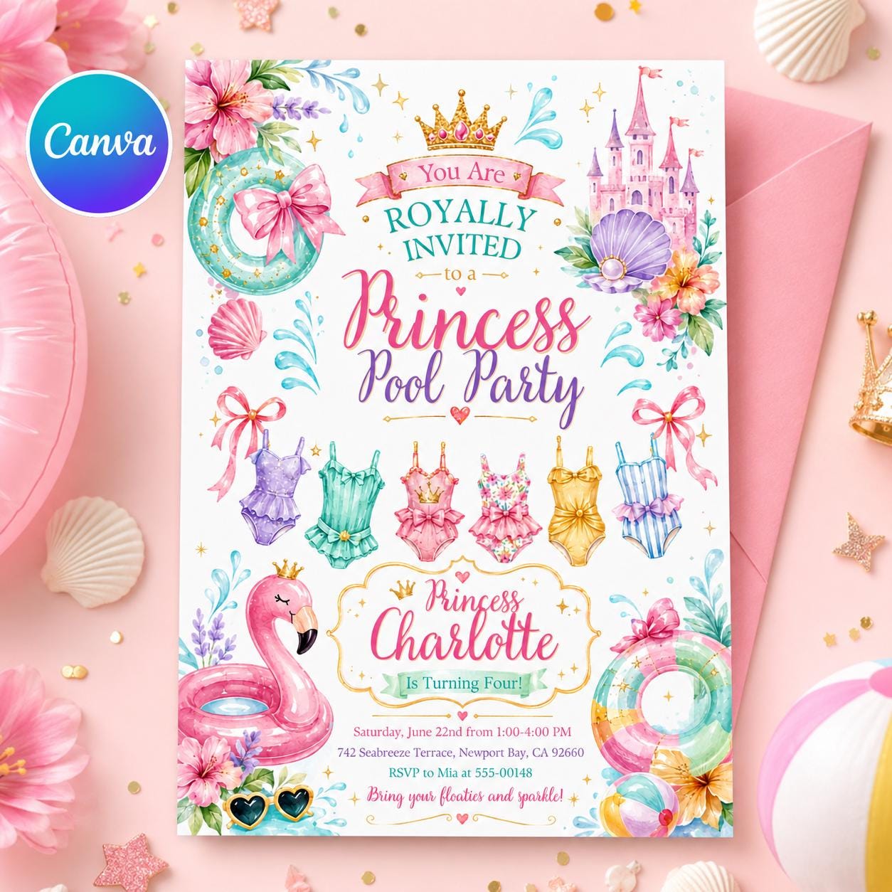 Princess Pool Party Invitation Template, Splash Bash Summer Water Slide Pool Party Invite, Pink Girly Summer invite, Editable Canva Template __etsy:8120013099