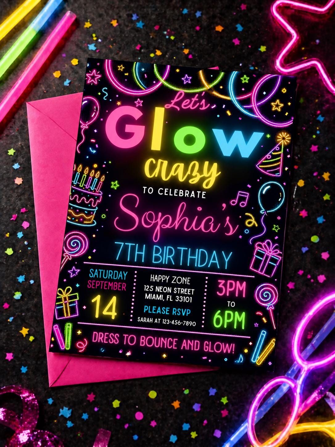 Printable editable Glow Party birthday invitation, Glow Crazy invite, Glow Party template, Neon Party invite digital template, girl birthday __etsy:7970053458