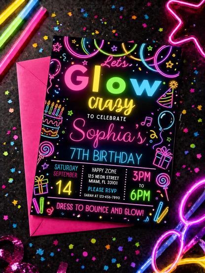 Printable editable Glow Party birthday invitation, Glow Crazy invite, Glow Party template, Neon Party invite digital template, girl birthday __etsy:7970053458