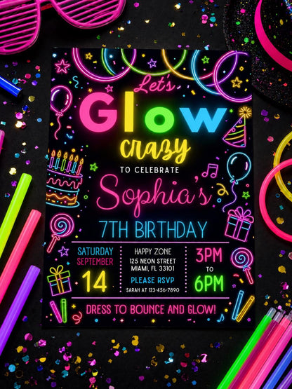 Printable editable Glow Party birthday invitation, Glow Crazy invite, Glow Party template, Neon Party invite digital template, girl birthday __etsy:7970053462