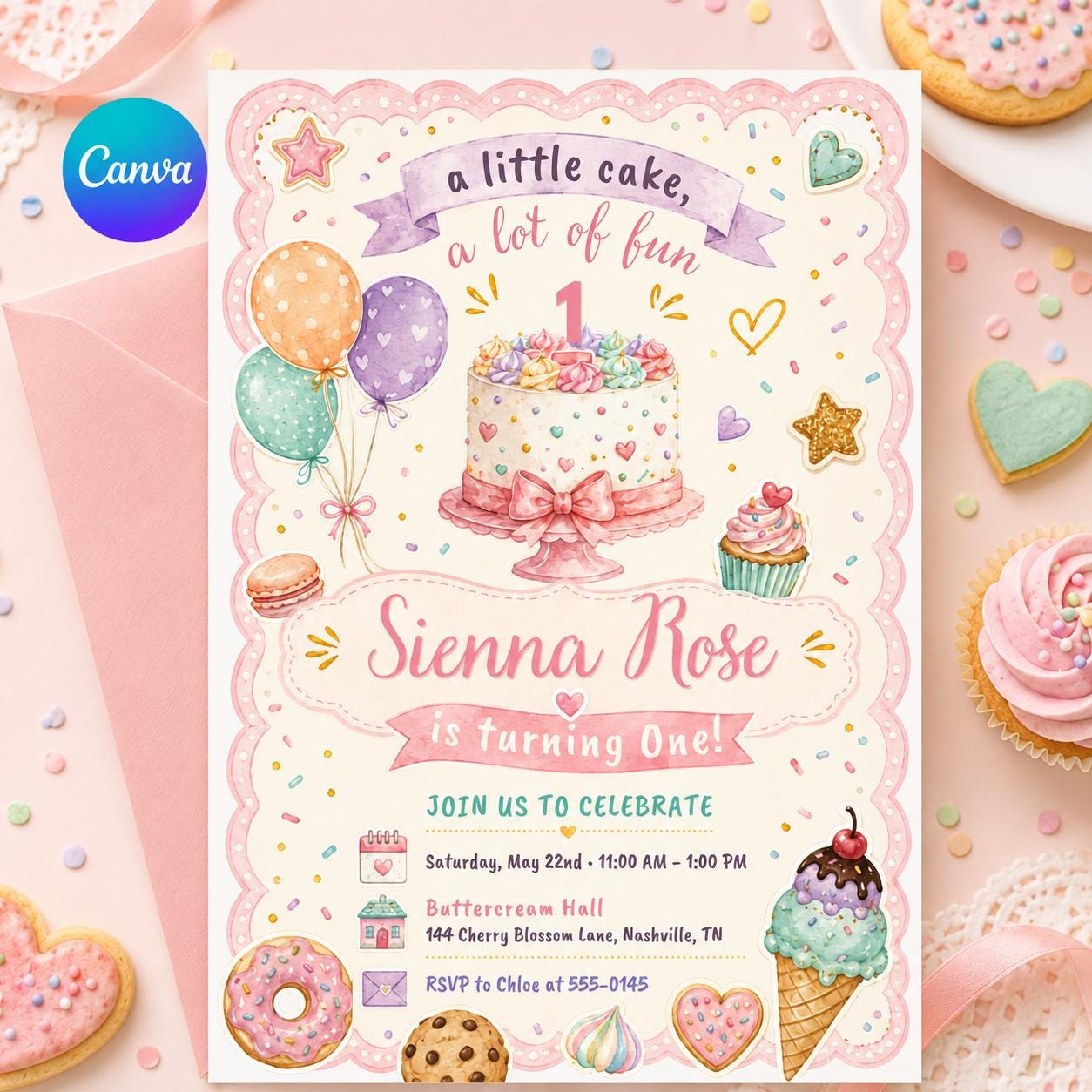 Printed Pink Cake Party Invitation, Girl First Birthday Invite, 1 Year Old, Watercolor Green Candle Balloons Hat, Classic Preppy Traditional __etsy:8080954930