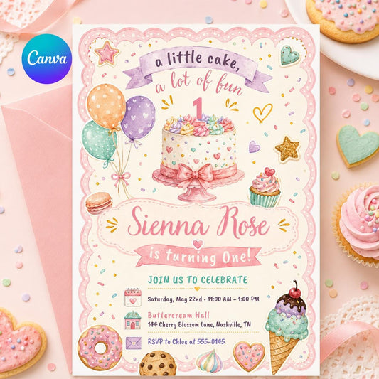 Printed Pink Cake Party Invitation, Girl First Birthday Invite, 1 Year Old, Watercolor Green Candle Balloons Hat, Classic Preppy Traditional __etsy:8080954930